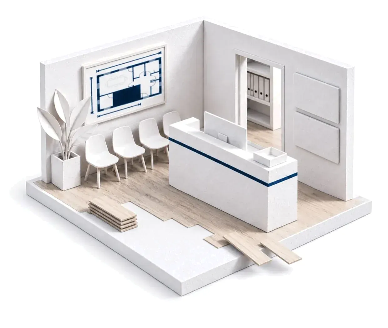 Paper model of a flooring contractor's office: LVP planks going down over the subfloor and a marked floor plan on the wall.