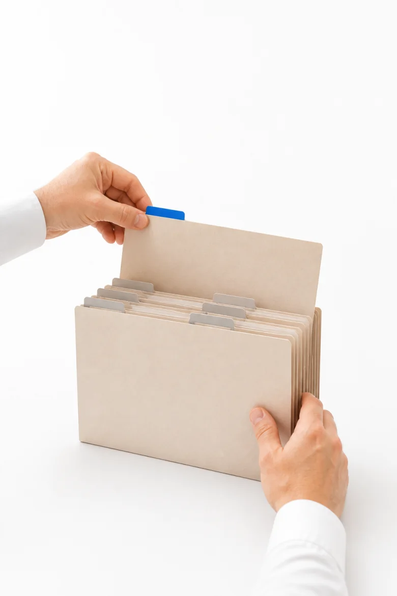 Hands pulling an archived job folder from a filed row.